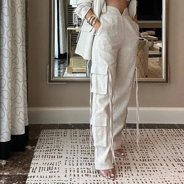 Trendy Business Casual Cargo Flare Pants And Blazer Set
