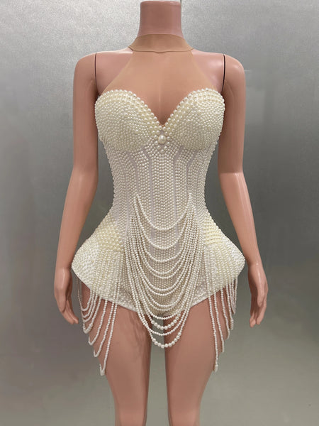 Trendy Pearl Halter Backless Bodysuit
