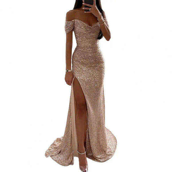 Trendy Formal Elegant V Neck Shoulder Sequin Dress