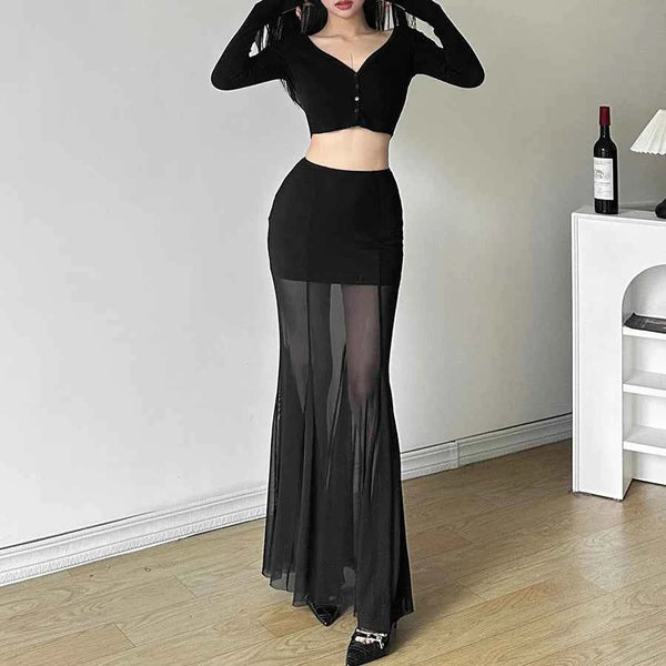 Sylcue 2024 Spring New Black Mysterious Sexy Hot All-match Trendy Personalized Women's Perspective Thin Skirt