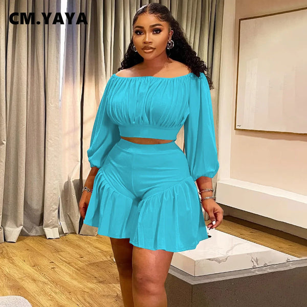 Trendy Plus Size Ruffle Low Cut Crop Top And Bottom Set