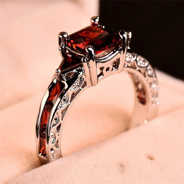 Trendy Ruby Zircon Rhinestone Square Cut Ring