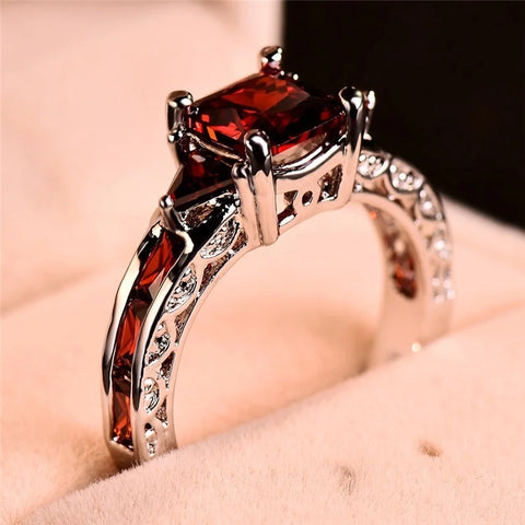 Trendy Ruby Zircon Rhinestone Square Cut Ring