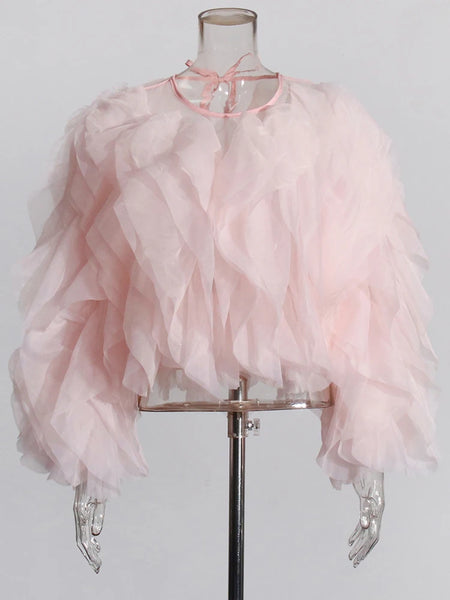 Trendy Lantern Mesh Ruffle Blouse