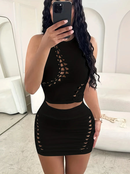 Trendy Rugged Hollow Out Skirt And Crop Top Set