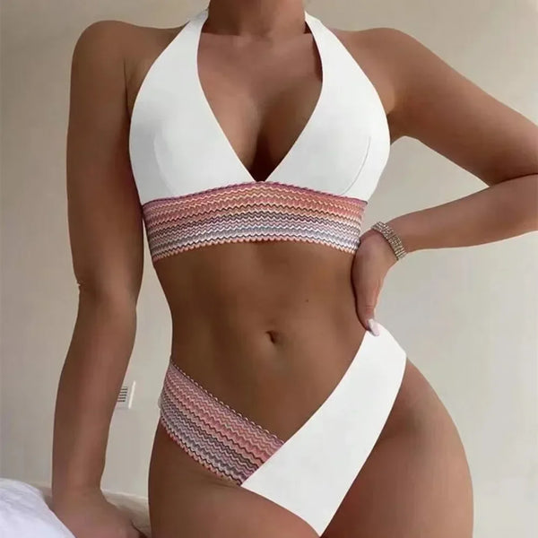 Trendy Halter Bikini Thong Patchwork Swimsuit