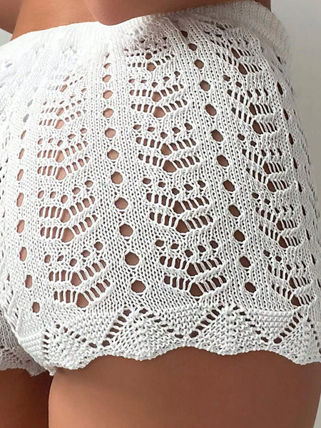 Trendy Drawstring Knitted White Hollow Out Shorts