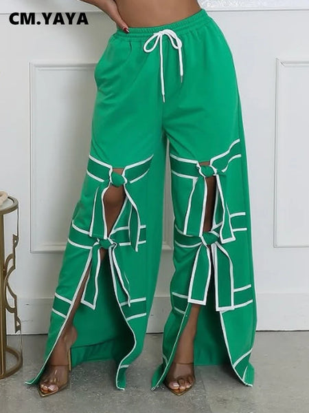 Trendy Wide Leg Hollow Out Bow Pants