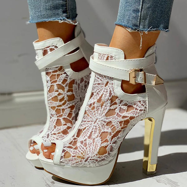 Trendy Floral Lace Hollow High Steel Pump Heels
