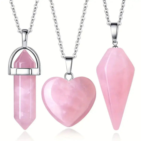 Trendy 3pcs Rose Quartz Necklaces Pendants Set