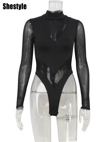 Trendy Patchwork  Mesh Transparent Bodysuit