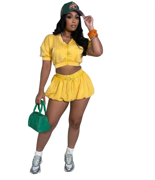 Trendy Short Crop Top Jacket With Lantern Mini Skirt