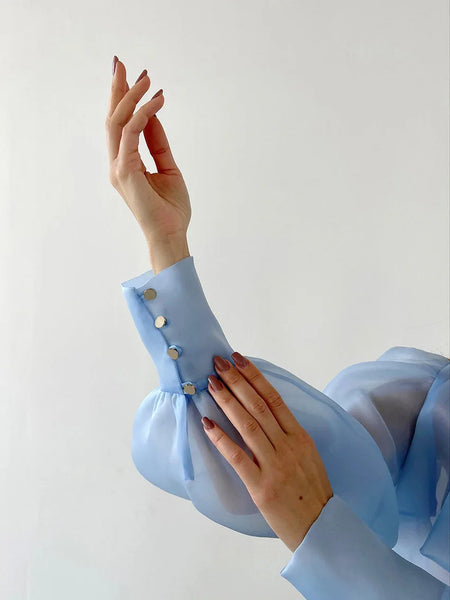 Trendy Puff Sleeve Lace Up Bowknot Collar Blouse