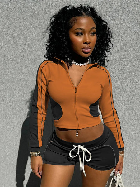 Trendy Tracksuit Two Piece Crop Top Jacket and Shorts Set
