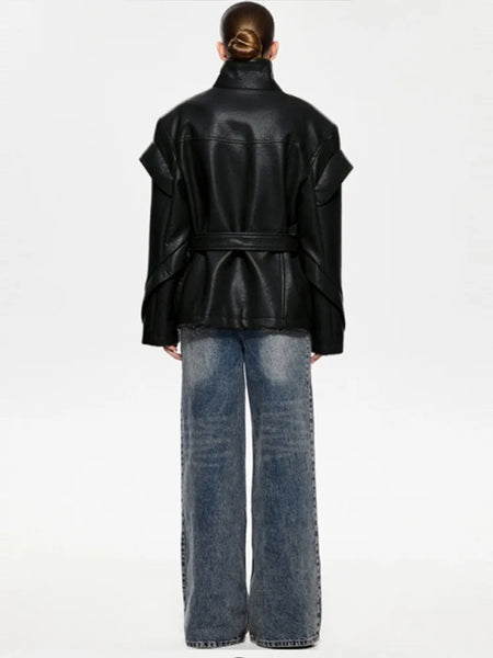 Trendy Retro Black Leather Belted Coat