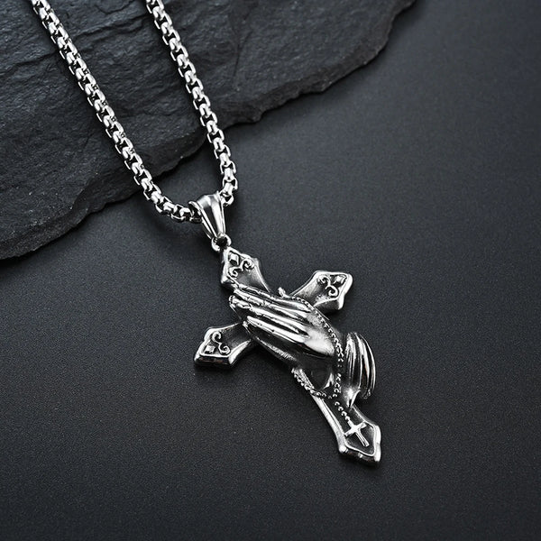 Trendy Stainless Steel Praying Hands On Cross Necklace
