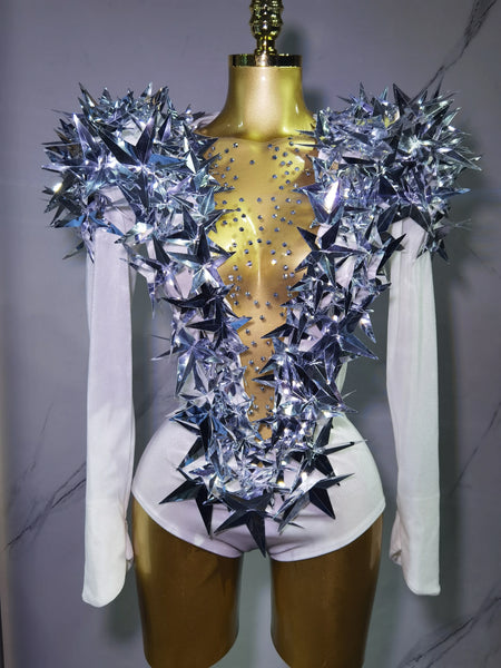 Trendy Long Sleeve Shiny Rhinestone Bodysuit