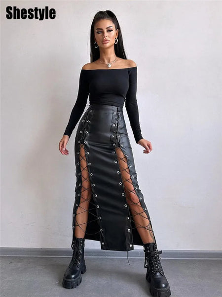 Trendy Lace Up Bandage Hollow Out Faux Leather Skirt