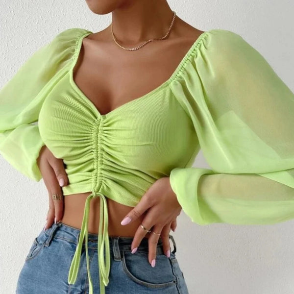 Trendy Mesh Drawstring Long Sleeve Blouse