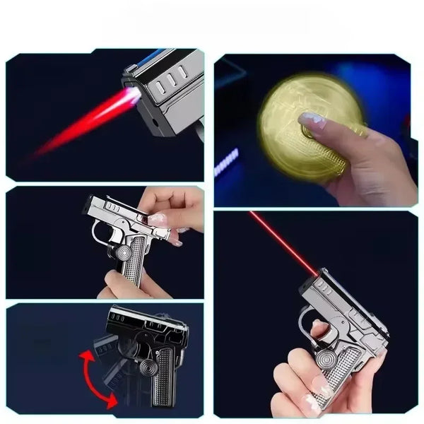 Metal Folding Gun Style Inflatable Lighter Windproof Butane Gas Jet Red Flame Gyroscope Lighter with Laser for Men's Small Tool