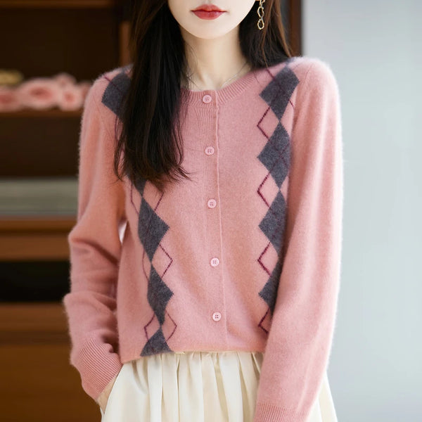 Trendy Merino Wool O-neck Diamond Grid Cardigan Sweater