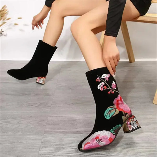 Trendy Floral Embroidered Glass Heel Boots