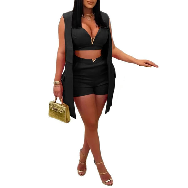 Trendy Three Piece Blazer With Corset Bra And Shorts Set