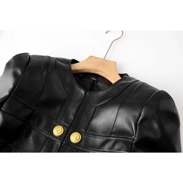Trendy Black Crop Leather Jacket With Gold Buttons - TrendsetterbyTracy Boutique