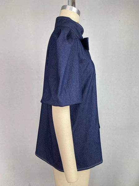 Trendy Puff Denim Blue Bowtie Collar