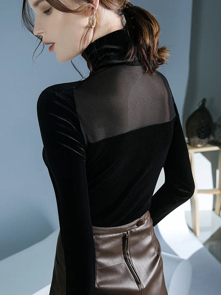 Trendy Black High Collar Velvet  Mesh  Blouse - TrendsetterbyTracy Boutique