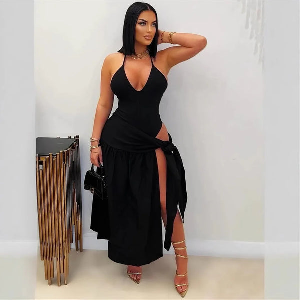 Trendy High Split Halter Bandage Tied Maxi Dress