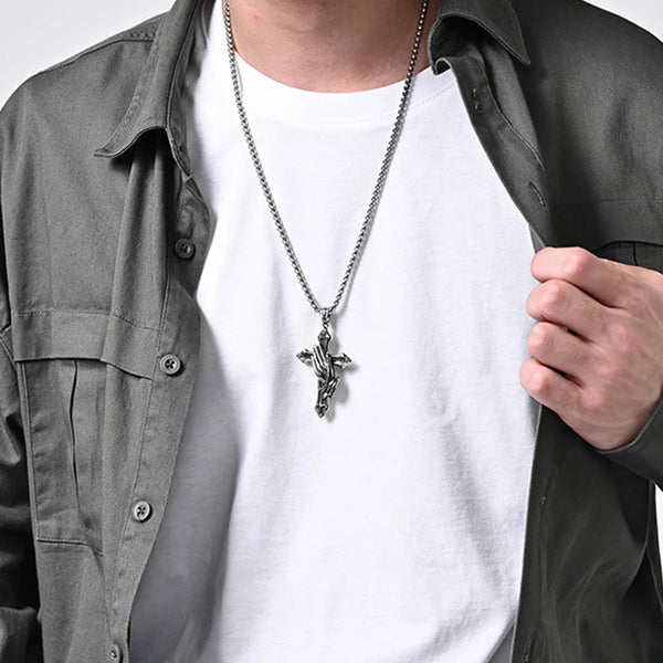 Trendy Stainless Steel Praying Hands On Cross Necklace