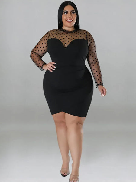 Trendy Plus Size Long Sleeve Polka Dot Mesh Dress