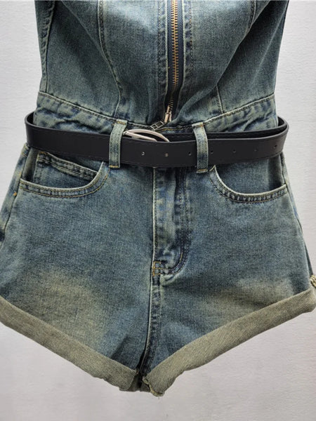 Trendy Halter Denim Shorts Set with Belt
