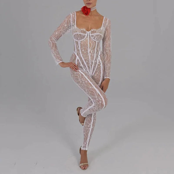 Trendy Mesh Lace Hollow Out Backless Jumpsuit - TrendsetterbyTracy Boutique