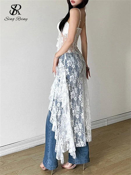 Trendy Mesh Cami Floral Lace Maxi Long Style Dress