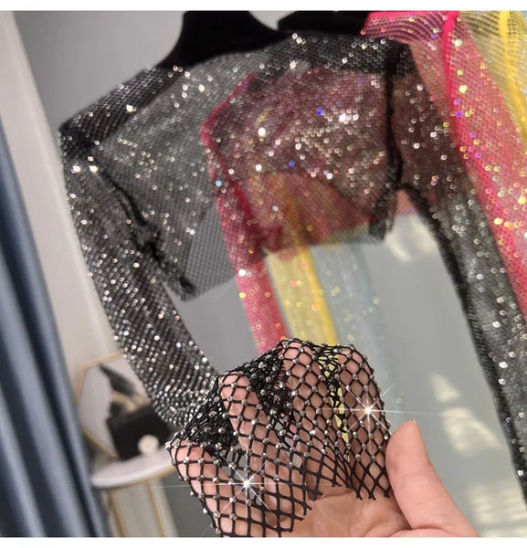 Trendy Mesh Crystal Short Long Sleeve Crop Top - TrendsetterbyTracy Boutique