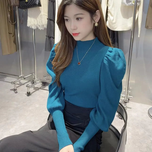 Trendy Turtle Neck Puff Flare Sleeve Blouse