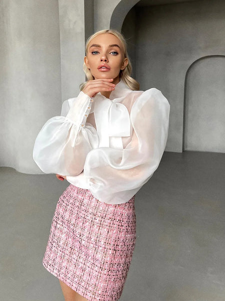 Trendy Puff Sleeve Lace Up Bowknot Collar Blouse