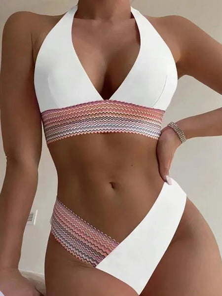 Trendy Halter Bikini Thong Patchwork Swimsuit