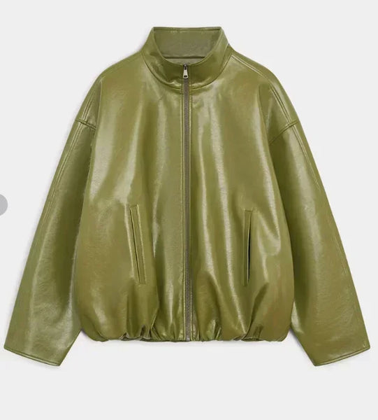 Trendy Green  Biker Leather Jacket and Skirt Set