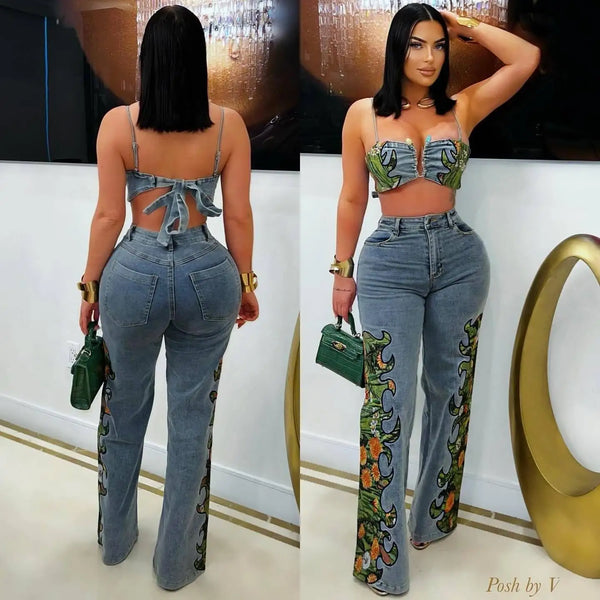 Trendy Floral Crop Top And Bottom High Waist Denim Set