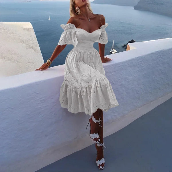 Trendy Off The Shoulder Solid Dot Fabric Dress