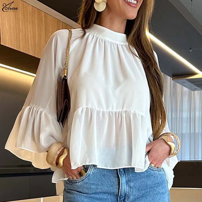 Trendy Off White Puff Sleeve Blouse