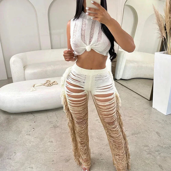Trendy Transparent Crochet Crop Top And Bottom Set