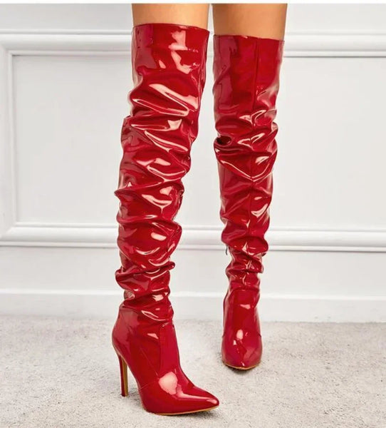 Trendy Over The Knee Pointed Patent Faux Leather Heel Boots