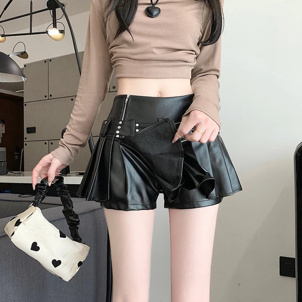 Trendy Gothic Style Pleated Black Leather Mini Skirt