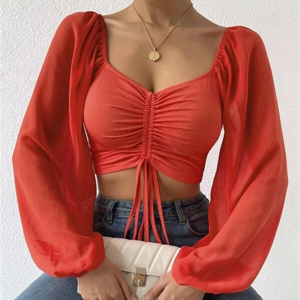 Trendy Mesh Drawstring Long Sleeve Blouse