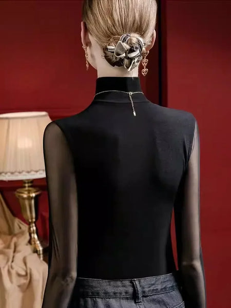 Trendy High Collar Mesh Leather Long-Sleeve - TrendsetterbyTracy Boutique