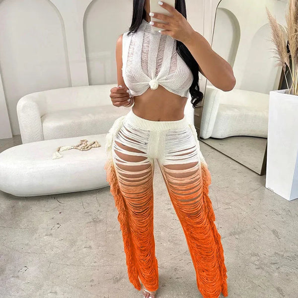 Trendy Transparent Crochet Crop Top And Bottom Set